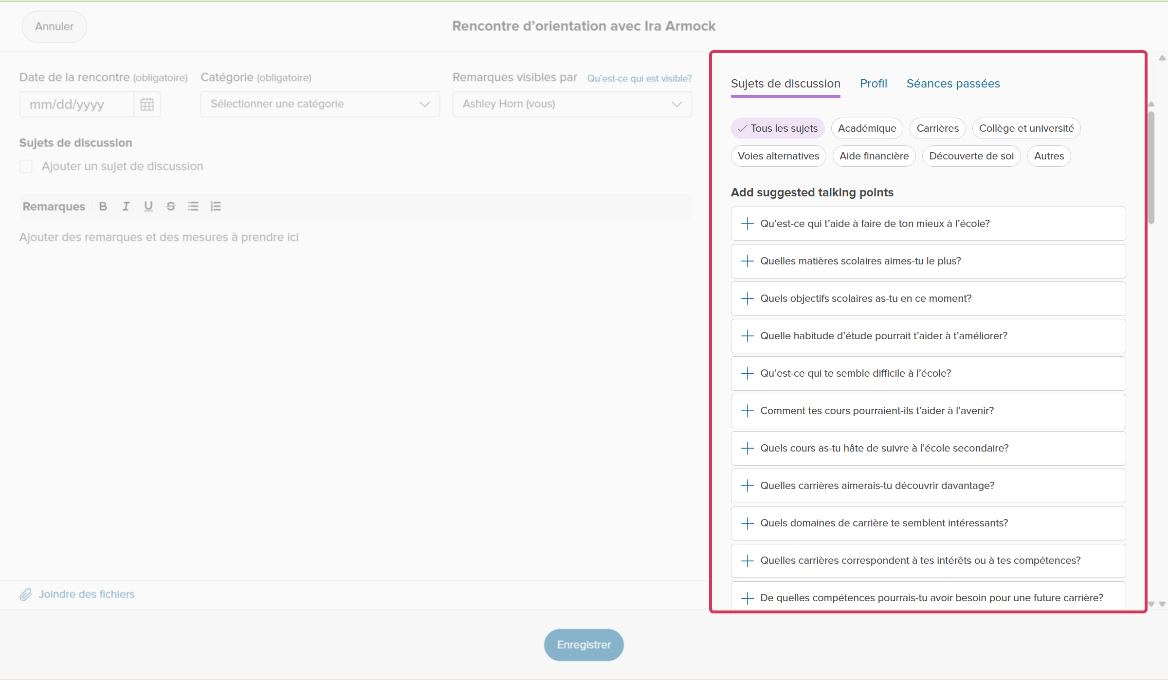 Une rencontre de conseils pour un élève est ouverte. L'onglet Sujets de discussion est ouvert et mis en évidence.